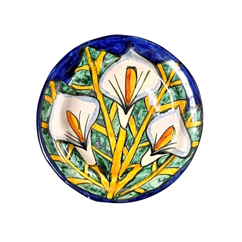 Talavera Signed Mexican Pottery Calla Lily Dish 6” Blue/White